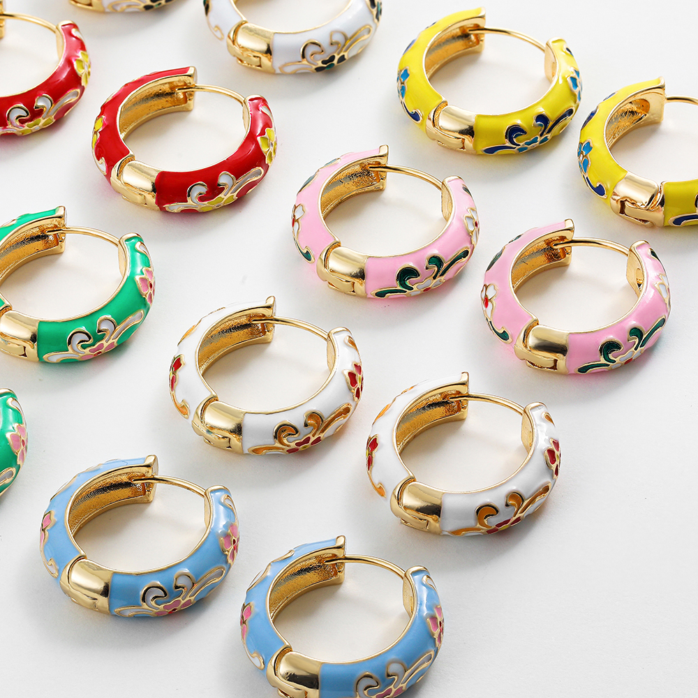 Wrap Ring Gold - Vintage Colorful Enamel Flowers Huggies Earrings