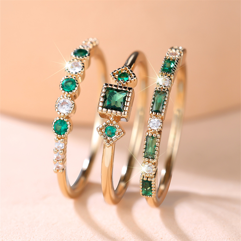 Wrap Ring Gold - 3pcs/Set Geometric Stone Green Zircon Engagement